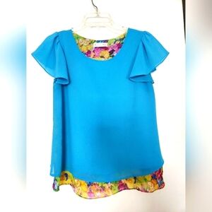 Blue and Floral Petal Sleeve Blouse